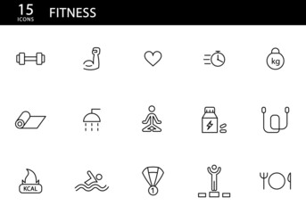 Conjunto de iconos de fitness, aptitud física. Buena alimentación, salud, deporte, entretenimiento, fuerza, natación, calorías y yoga. Ilustración vectorial, estilo iconos simple