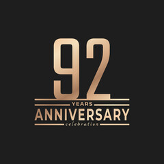 92 Year Anniversary Celebration with Thin Number Shape Golden Color for Celebration Event, Wedding, Greeting card, and Invitation Isolated on Dark Background