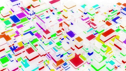 Fototapeta na wymiar 3d render. abstract light background with network of different sizes white bloks, some with multicolor glow. Visualisation of working ai with big data or blockchain technology. White matte glass.