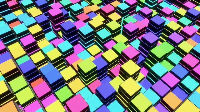 3d render. Abstract dark background of cubes on plane and neon lights. Grid of cubes like neon bulbs. Cyberpunk neon style bg