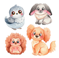 Pets Watercolor illustration. Animals on a white background. Decor for the children's room. Dog, Hedgehog, Rabbit, Owl. Set.