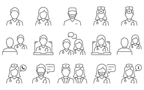 Doctors Line Icon Set. Medic Specialists and Patient Consultation Linear Pictogram. Online Medical Support Outline Icon. Medicine Info Speech Bubble. Editable Stroke. Isolated Vector Illustration