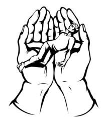 The exhausted man in praying hands. Vector drawing
