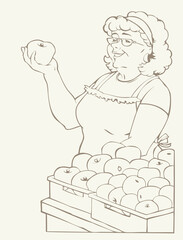 The woman is selling apples. Vector drawing