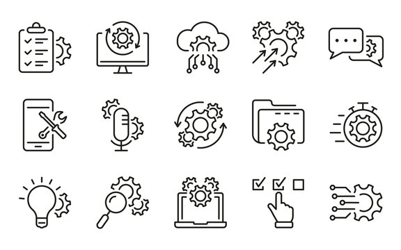 Technology Configuration Line Icon. Gear, Computer, Tool, Speech Bubble Digital Setting Concept Pictogram. Innovation Business Process Outline Icon. Editable Stroke. Isolated Vector Illustration