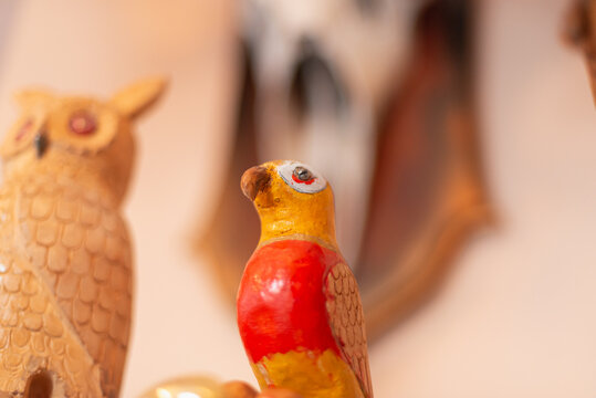 Wooden, colored birds, handmade woodwork.