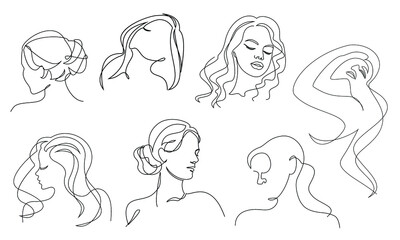 Collection. Silhouettes of a girl's head in a modern one line style. Continuous line drawing, aesthetic outline for home decor, posters, wall art, stickers, logo. Vector illustration set.