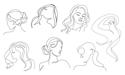 Collection. Silhouettes of a girl's head in a modern one line style. Continuous line drawing, aesthetic outline for home decor, posters, wall art, stickers, logo. Vector illustration set.