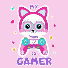 My name is gamer cute flat style vector illustration with kawaii cat. Gamer quote design for print, textile, party, sticker, poster, kids. Gamer girl design with game controller, headpohes, paws.