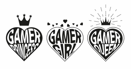Gamer girl. Gamer Princess. Gamer queen. Black gamer girl quotes with hearts and crowns flat style vector illustration. Gamer quotes set isolated on white for sticker, print, card, poster etc. © OLHA