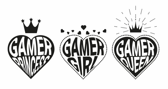 Gamer Girl. Gamer Princess. Gamer Queen. Black Gamer Girl Quotes With Hearts And Crowns Flat Style Vector Illustration. Gamer Quotes Set Isolated On White For Sticker, Print, Card, Poster Etc.