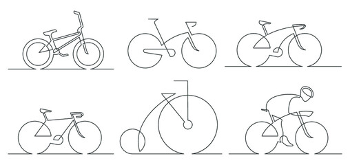 Set of bicycles - continuous line drawing. Vector illustration.