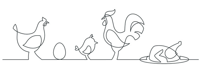 Set of chickens - continuous line drawing. Rooster, hen, chicken grill and egg one line drowing. Vector illustration.