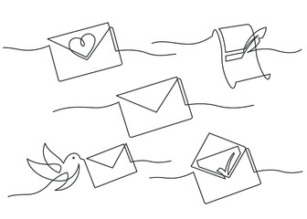 Set of message - continuous line drawing. Envelope, letter, scroll on white background. Vector illustration