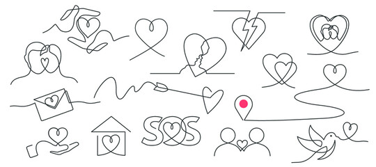 Set of doodles with hearts - continuous line drawing. Vector illustration.