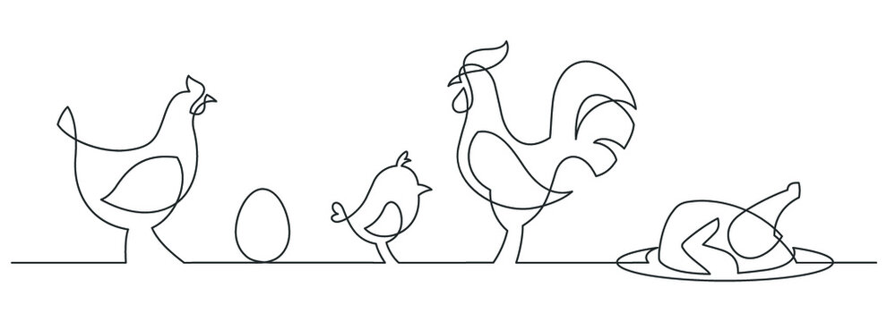 Set of chickens - continuous line drawing. Rooster, hen, chicken grill and egg one line drowing. Vector illustration.