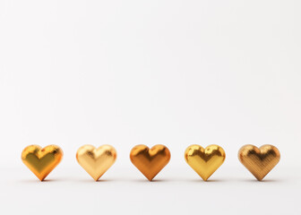 Golden hearts on white background. Valentine's Day backdrop with free space for text, copy space. Postcard, greeting card design. 3D illustration. Love.