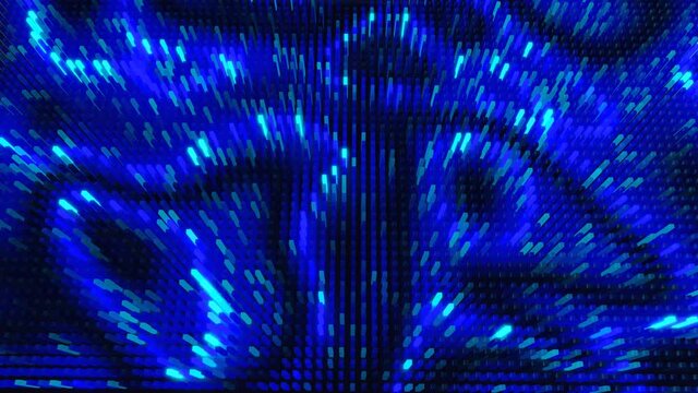 Waves runs across pixels. 3d abstract looped background modern performance, lot of gray blocks form wall or screen and light up pattern. Bulbs start to glow blue forming pattern like abstract garland