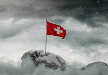 3d rendering of waving Swiss flag on snow covered rocks and grey clouds