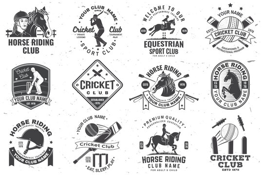 Set of cricket and Horse riding club, patches, emblem, logo. Vector illustration. Concept for shirt, print, stamp or tee. Templates for cricket and Horse riding sports club. Vintage monochrome label