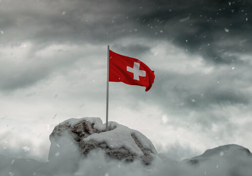 3d rendering of waving Swiss flag on snow covered rocks and grey clouds