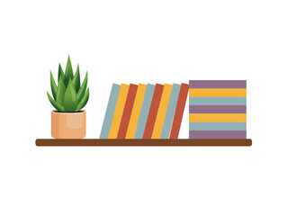 Bookshelf with stacks of books with house plants on the wall. Vector illustration of interior decoration elements