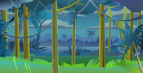 Jungle leaves. Dense thickets. View from night Tropical forest Dark panorama. Southern Rural Scenery. Illustration in cartoon style flat design. Vector