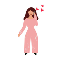 A young woman is talking on the phone. Vector illustration of a telephone conversation and communication. Flat design on a white background