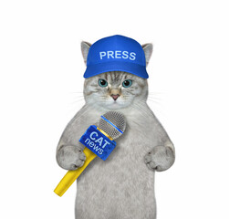 An ashen cat journalist in a blue cap with a microphone. White background. Isolated.