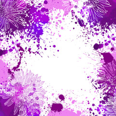 Background frame with purple blots and flowers . Vector illustration