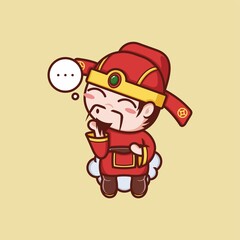 cute cartoon caishen god in chinese new year daydreaming above the clouds. vector illustration for mascot logo or sticker
