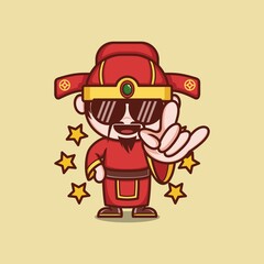 cute cartoon god caishen in chinese new year, rocking cool sign. vector illustration for mascot logo or sticker