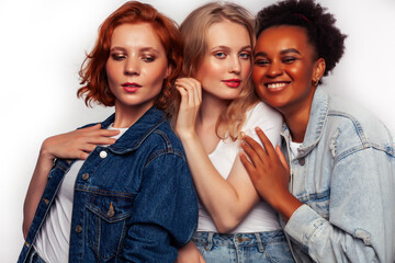 Fototapeta premium diverse multi nation girls group, teenage friends company cheerful having fun, happy smiling, cute posing isolated on white background, lifestyle people concept, african-american and caucasian