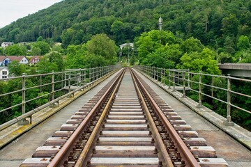 Fototapeta na wymiar Train rails on the Hemishofen Rhine Bridge in Switzerland
