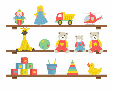 Toys on the shelves. There are cars, a helicopter, teddy bears, a doll, a ball, a clown, a giraffe, a pyramid, cubes and other items in the picture. Toys for little children. Vector illustration