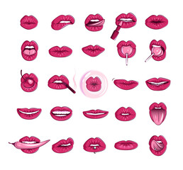Set of women lips in a modern style. Isolated on white background illustrations of a female mouth. Erotic puffy lips stickers.