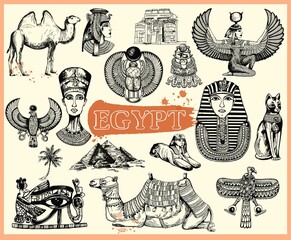 Set of hand drawn sketch style Egyptian themed objects. Vector illustration.