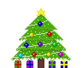 Pixel Art Christmas fir tree with gifts