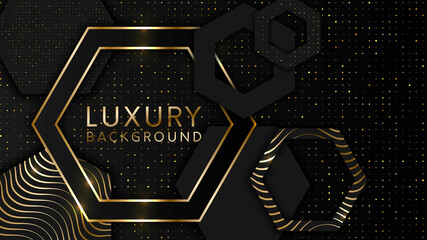 Luxury and elegant wave, star, hexagon and circle abstract overlap layer on black and white pattern background. Texture with gold, and red glitters dots element decoration.