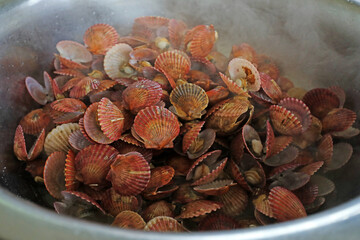 Scallops cooked in an iron pot in a restaurant, North China