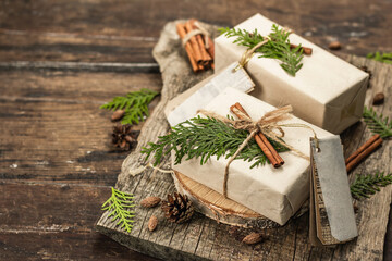 Zero waste gift concept. Christmas or New Year eco-friendly packaging. Festive boxes in craft paper