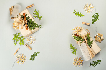 Zero waste gift concept. Christmas or New Year eco-friendly packaging. Festive boxes in craft paper