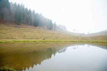 Foggy landscape from Asiago plateau trekking path
