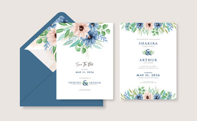 Beautiful wedding invitation with romantic floral bouquet watercolor