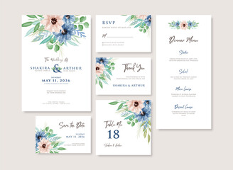Fototapeta na wymiar Set of beautiful watercolor floral wedding stationery template