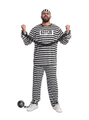 Prisoner in special uniform with chained hands and metal ball on white background