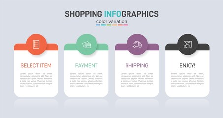 Concept of shopping process with 4 successive steps. Four colorful graphic elements. Timeline design for brochure, presentation, web site. Infographic design layout.