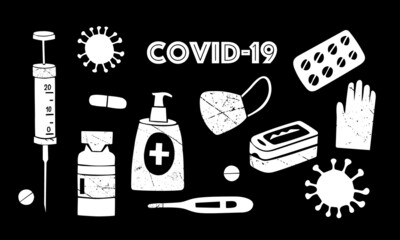 Vector set of black and white isolated images of objects on the topic of coronavirus. Mask, sanitizer, pulse oximeter, thermometer. Covid-19, epidemic, infection, vaccination, prevention, corona.