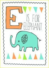 E alphabet letter for kids. Kids alphabet. Letter E Cute cartoon baby elephant. Can be used for baby t-shirt print, fashion print design, kids wear, nursery, wall decor, poster, educational material.