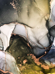 Abstract bright shiny color fluid background, hand drawn alcohol painting with golden streaks, liquid ink technique texture for backdrop design